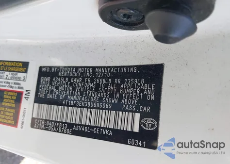 2011 Toyota Camry Le from USA, damaged, VIN 4T1BF3EK3BU686089